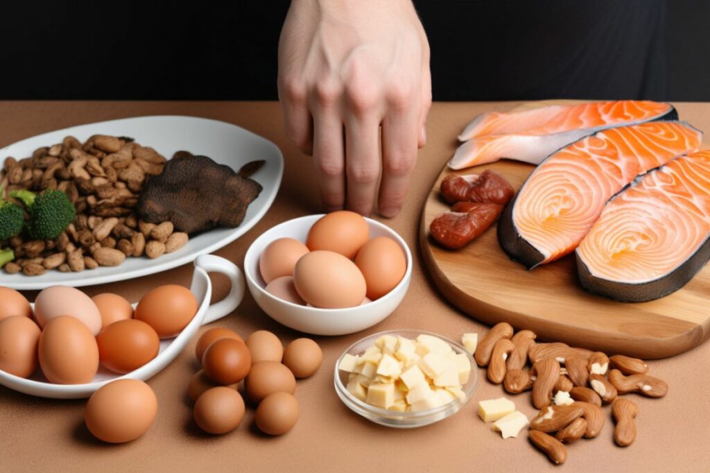 eggs, salmon, nuts and fish on a wooden table, in the style of cryptidcore, petcore, foreshortening techniques